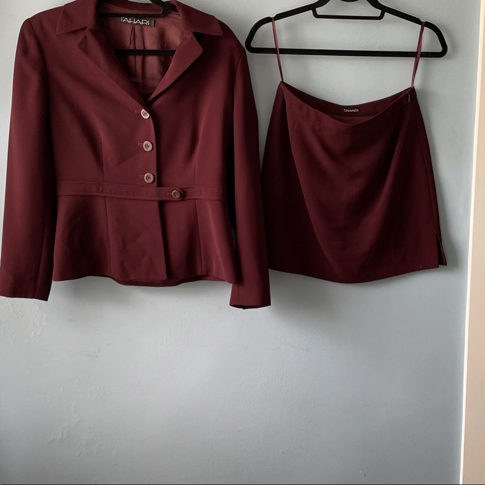 Tahari Women's Two-Piece Burgundy Jacket and Slip Skirt